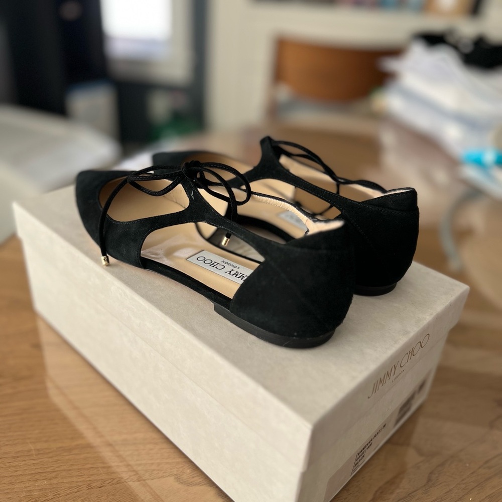 BNIB Jimmy Choo Vanessa Black Suede Flats with Ankle Tie - Picture 3 of 6